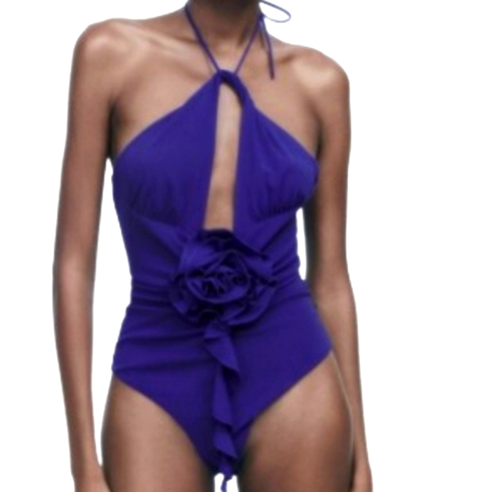 NWT Zara Rosette Halter Bodysuit Small Royal Blue Purple Coquette 3D Rose